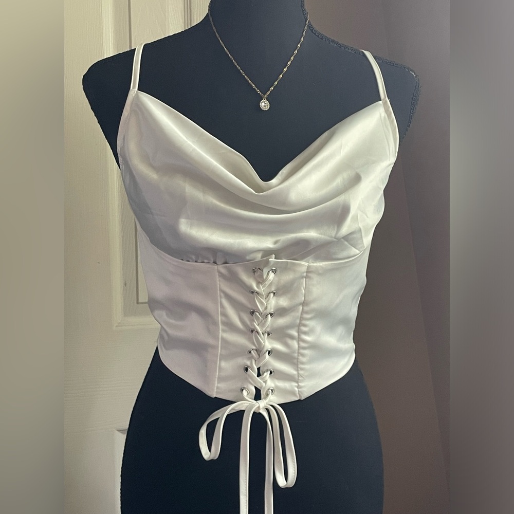 Satin Cowl Neck Lace-Up Corset Crop Top - White